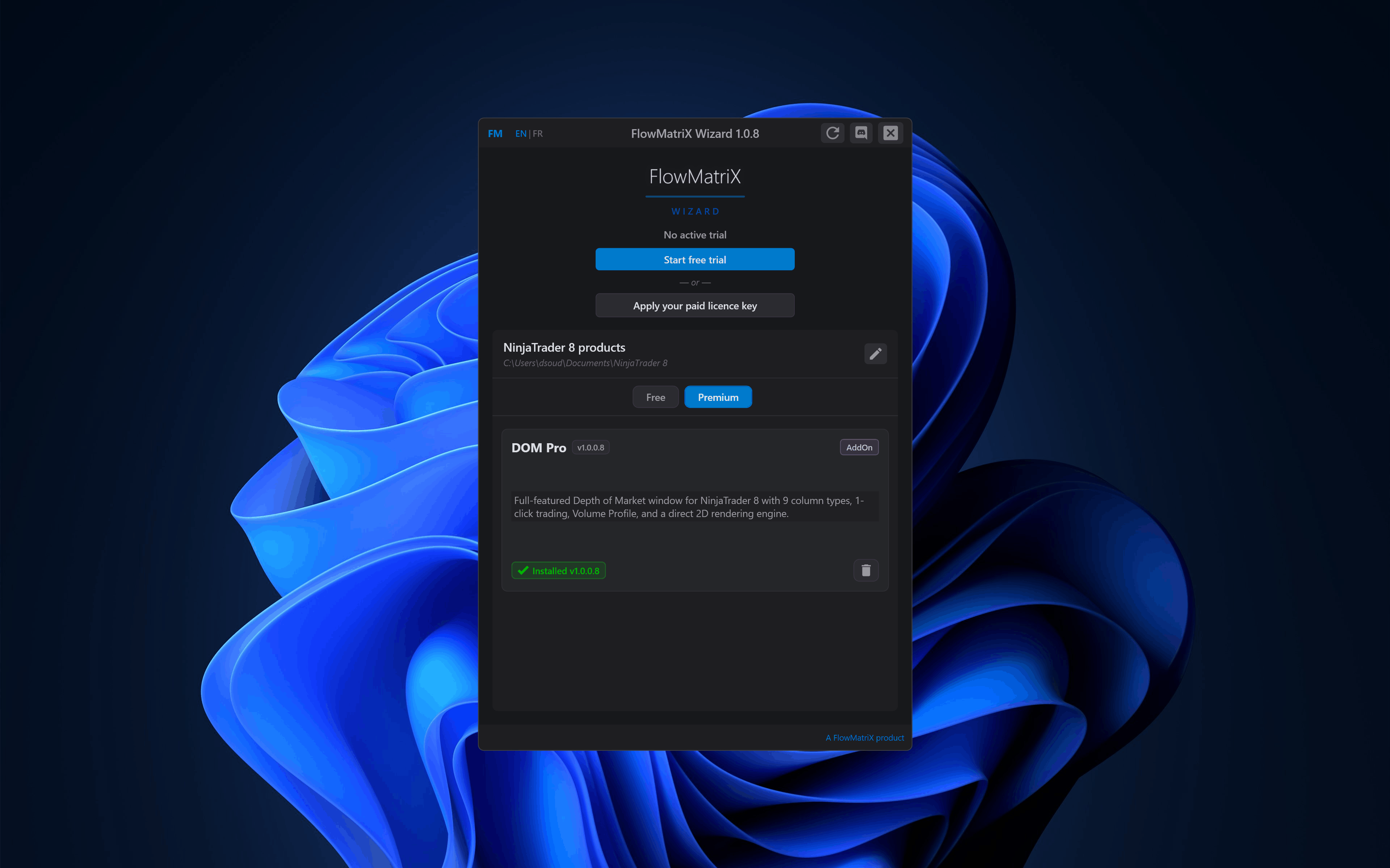 Starting a 10-day local trial from the FlowMatriX Wizard